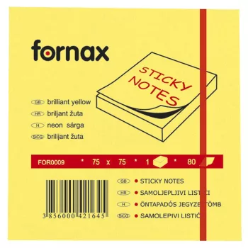 Jegyzettömb FORNAX öntapadós 75x75 mm neon sárga 80 lap