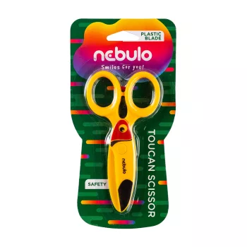 Olló, 12 cm biztonsági, műanyag  tukán forma, NEBULO