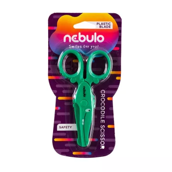 Olló, 12 cm biztonsági, műanyag  krokodil forma, NEBULO