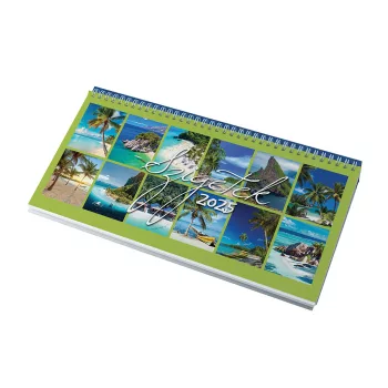   Asztali naptár 320mm x 155mm Virágok fehér lapok fekvő kék műbörrel borított tartóval Realsystem 2025.