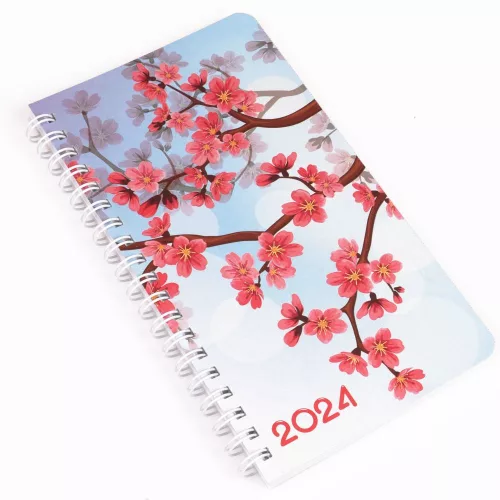 Zsebnaptár spirálozott SP2 heti álló fehér lapokkal cseresznyevirág Realsystem 2023.