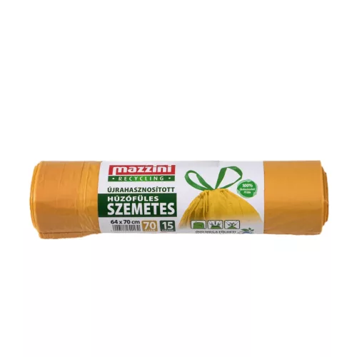 Szemeteszsák önzáró szalaggal 70 liter 64 x 70 cm 15 db/tekercs újrahasznosított Mazzini_sárga