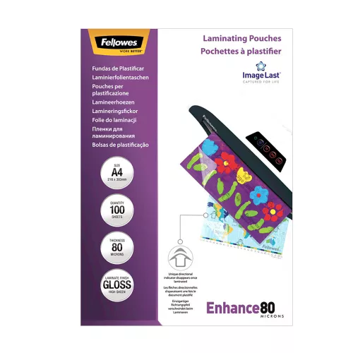 Lamináló fólia, A4,  80 mikron, fényes, öntapadó, 100 db, FELLOWES