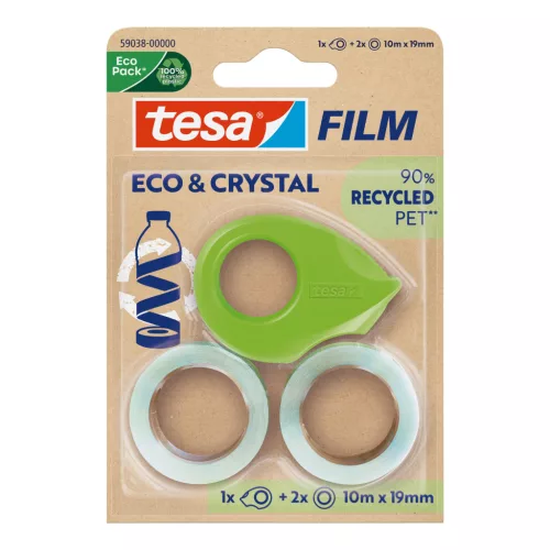 Ragasztószalag 19mmx10m irodai újrahasznosított 2 db víztiszta szalag+adagoló Tesa Eco & Crystal
