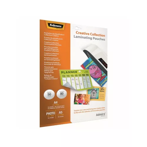 Lamináló fólia, 80 mikron, FELLOWES Admire Creativ, 5 típus klf, méretben 5x10 db/csomag, 