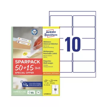   Etikett címke, 96x50,8 mm, univerzális, 65 lap, 10 címke/lap Avery, fehér