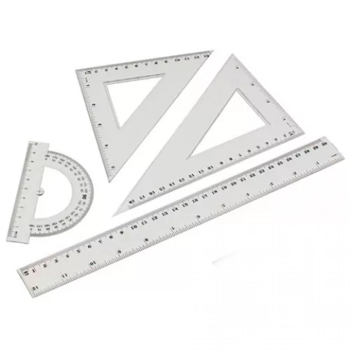 VONALZÓ KÉSZLET 4 DARABOS 30CM VONALZÓ, SZÖGMÉRŐ, 45 ÉS 60 FOKOS HÁROMSZÖG VONALZÓK