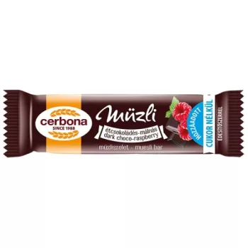   Müzliszelet 20 g, CERBONA, étcsokis-málnás hozzáadott cukor nélkül