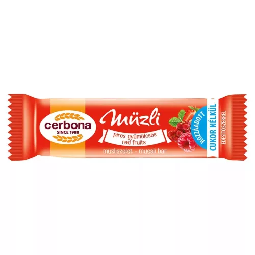 Müzliszelet 20 g, CERBONA, piros gyümölcs hozzáadott cukor nélkül