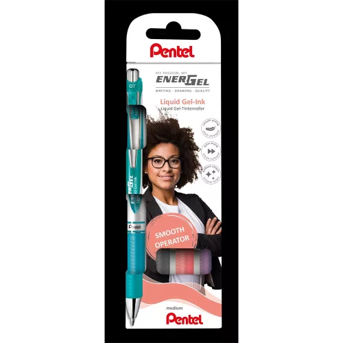 Rollertoll zselés 0.7mm, Pentel EnerGel BL77-4, írásszín korall, orgona, szürke, türkiz