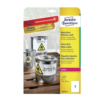   Etikett címke, időjárásálló poliészter, 210 x297 mm, Avery fehér 